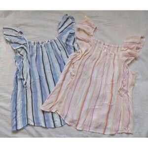2 JUSTICE Shirt Top Blouse Tank Top Pink Stripes Blue Stripes Girls XL 16-18